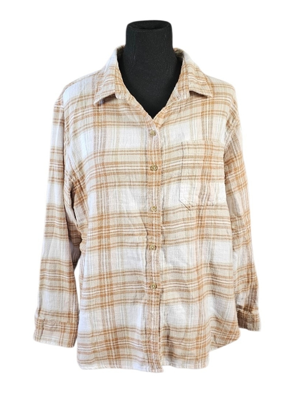 American Eagle Soft Plaid Flannel Button Front Shirt Large Neutral Tan